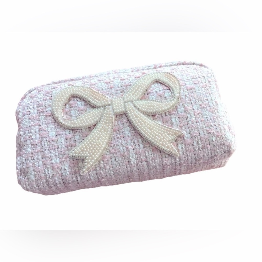 NEW TWEED 3D BOW RHINESTONES PEARLS COSMETICS MAKEUP BAG CASE PINK WHITE ZIPPER